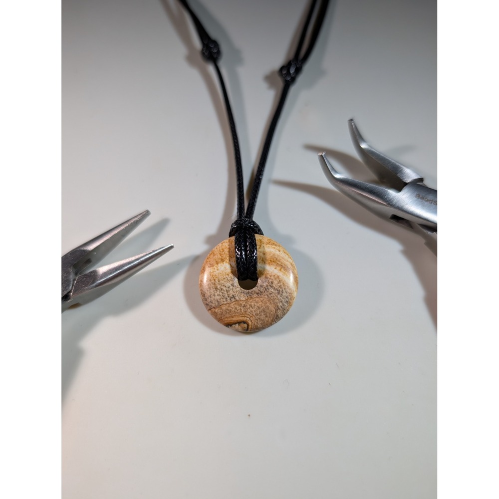 Natural Picture Jasper Stone Donut Pendant Adjustable Black Cord Necklace Boho